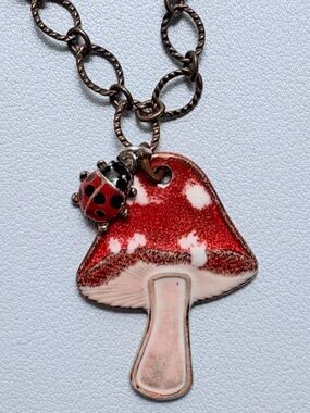 Mushroom Pendant chain Necklace Ladybug whimsy cottagecore